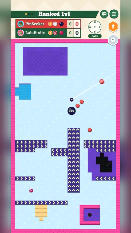 A ranked 1v1 match on an icy course with water, conveyors and bumpers, aiming a bank shot